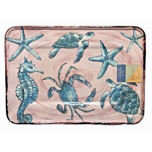 Island Living Melamine Serving Tray Blue Turtle Crab Starfish Seahorse on Cream